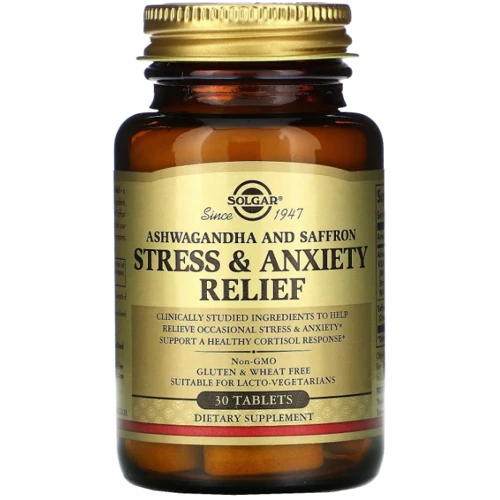 Бустер тестостерона Solgar Stress & Anxiety Relief Ashwagandha And Saffron Препарат для снятия стресса и тревоги ашваганда и шафран 30 таблеток