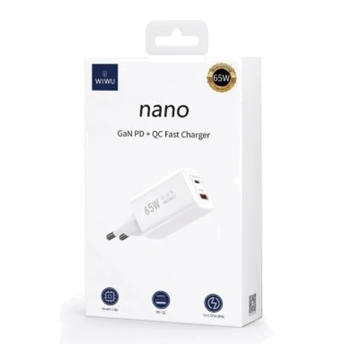 Зарядний пристрій WIWU Wall Charger USB+USB-C Wi-U012 Super GaN PD+QC 65W White: Кабель в комплекті отсутствует