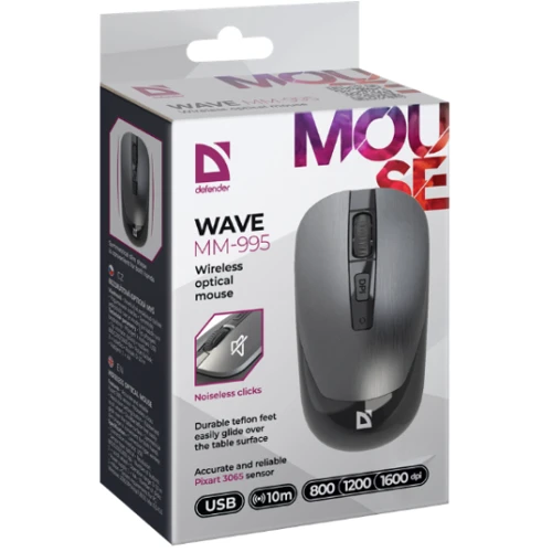 Мышь Defender Wave MM-995 Silent Wireless Grey (52993): Максимальное разрешение сенсора, dpi 1600