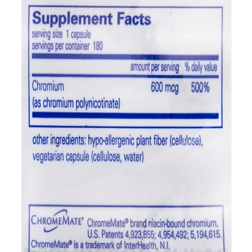 Pure Encapsulations ChromeMate GTF 600 600 mcg 60 caps Унікальний полінікотінат хрому (PE-00476): Тип хром