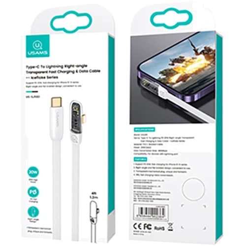 Кабель Usams Cable USB-C to Lightning Right-Angle PD 20W 1.2m White (US-SJ583): Длина 1.2 м