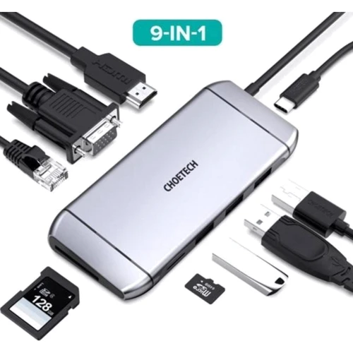 Адаптер Choetech Adapter 9-in-1 USB-C to USB-C+3xUSB+HDMI+SD+RJ45+VGA Gray (HUB-M15): Колір сірий