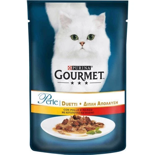 Влажный корм GOURMET Perle Duo для взрослых кошек мини филе в подливке с курицей и говядиной 26х85 г (7613033574702): Порода Все породы