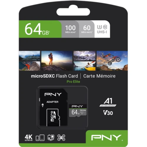Карта пам'яті PNY 64GB microSDXC Class 10 U3 PRO Elite + adapter (P-SDU64GV31100PRO-GE): Обсяг 64 ГБ