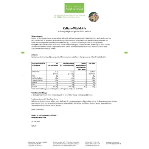 Sanct Bernhard Kalium Калій 250 mg 30 пакетиків по 2.6 g: Форма випуску Порошок у cаше