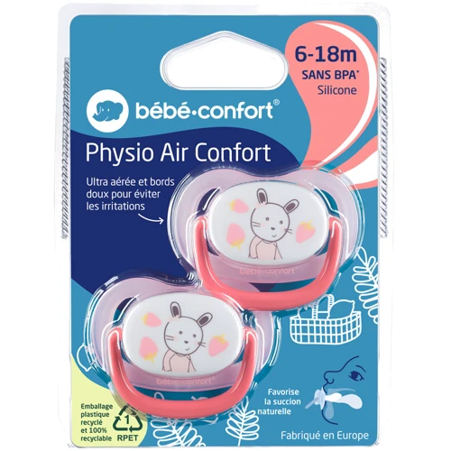 Пустушка Bebe Confort Physio Air силіконова, 2 шт, 6/18 міс рожева з жовтим (3104201920): Форма соски анатомическая