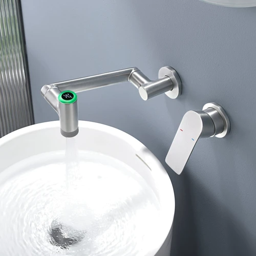 Смеситель настенный Lefton Single-Handle Wall Mount Bathroom Faucet with Temperature Display-BFWM2401 Brushed Nickel: Вид смесителя Однорычажный