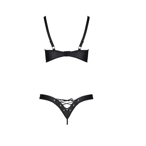 Комплект из экокожи Celine Bikini 6XL/7XL — Passion: открытый бра с лентами, стринги со шнуровкой