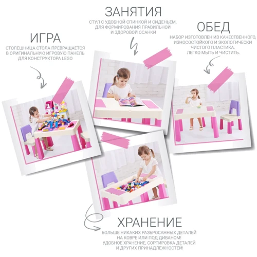 Детский многофункциональный столик Poppet Колор Пинк 5 в 1 и стульчик (2035004): Особенности регулировка высоты столешницы, наличие стульчика