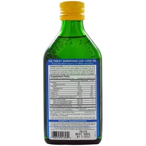 Carlson Labs Norwegian Cod Liver Oil For Kids 8.4 fl oz (250 ml) Lemon Рыбий жир (жидкий) из печени трески для детей 250 мл со вкусом лимона: Тип Омега 3