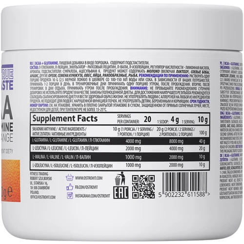 Аминокислота для спорта OstroVit BCAA + Glutamine 200 g/ 20 servings / Orange: Вкус Апельсин