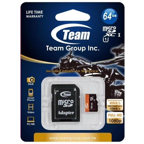 Карта пам'яті Team 64GB microSDXC UHS-I U1 + adapter (TUSDX64GUHS03): Обсяг 64 ГБ
