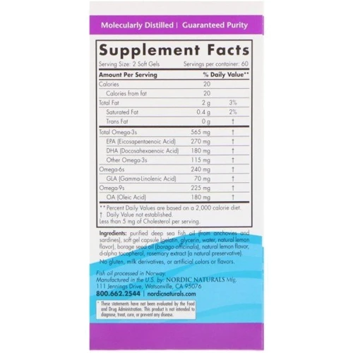 Nordic Naturals Complete Omega Lemon 1000 mg Омега 3-6-9 со вкусом лимона 60 гелевых капсул: Тип Омега 3-6-9