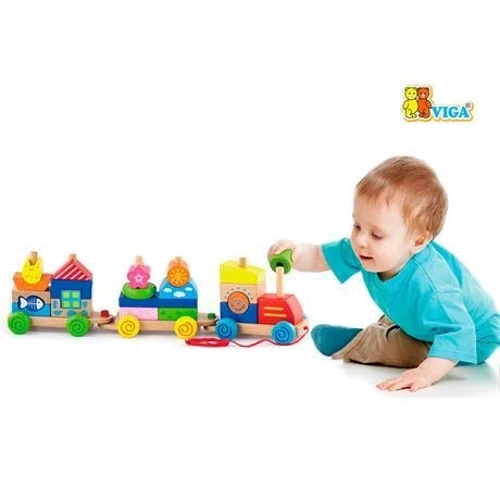 Дерев'яна каталка-поїзд Viga Toys Барвисті кубики (50089)