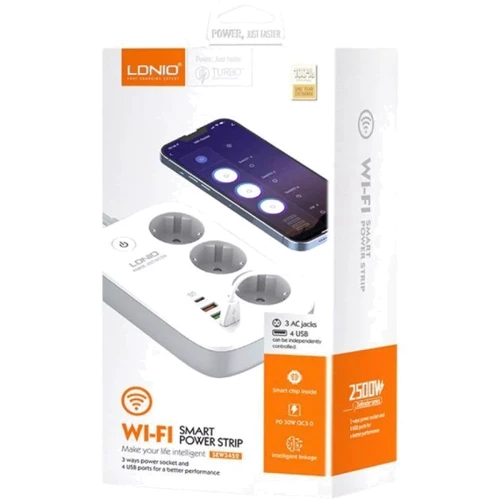 Сетевой фильтр LDNIO SEW3452 Wi-Fi (3x220V+3USB+Type-C/30W/2m) White: Количество USB портов, шт 3