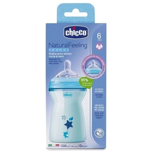 Пляшка пластикова Chicco Natural Feeling 330мл. соска силіконова 6+ швидкий потік (блакитна) (80837.21): Матеріал пластик
