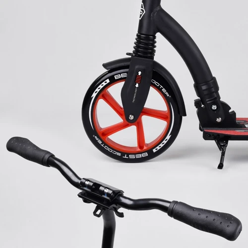 Самокат двоколісний Best Scooter з PU колесами, амортизатором, широким кермом, затискачем для керма Black / Red (100068): Тип гальма ножний