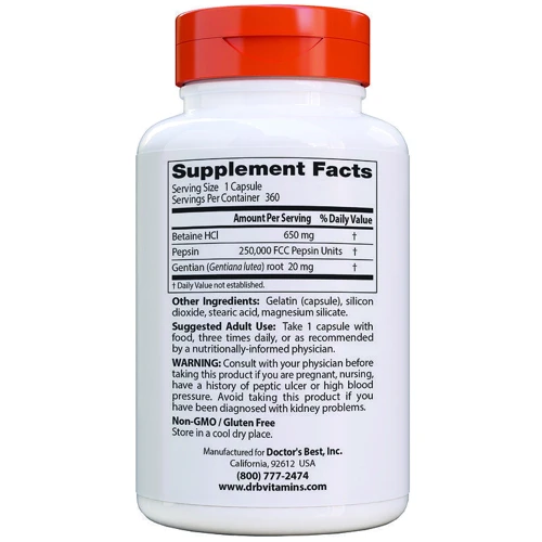 Doctor's Best, Betaine HCL, Pepsin and Gentian Bitters, 360 Capsules (DRB-00315): Тип бетаїну гідрохлорид
