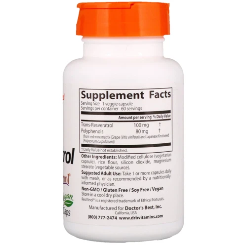 Doctor's Best Trans-Resveratrol 100 100 mg 60 Veggie Caps Ресвератрол: Тип Ресвератрол