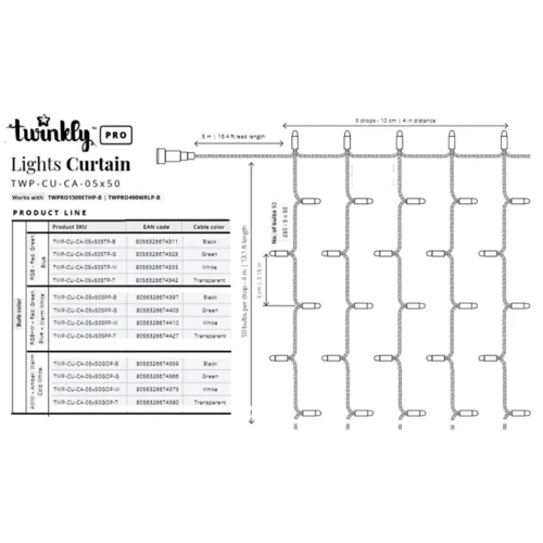 Гирлянда Smart LED Twinkly Pro Curtain RGB 250 AWG22 IP65 прозрачный: Количество ламп 250