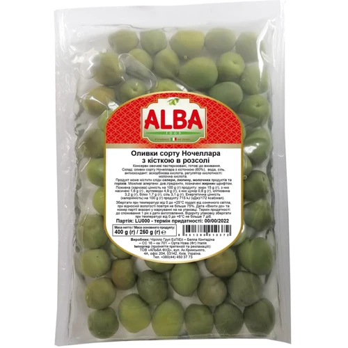 Оливки ALBA FOOD зелені з кісточкою Ночеллара 400 г (8051380010372)