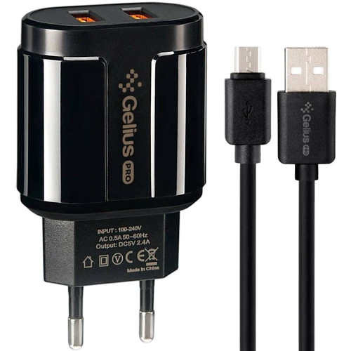 

Gelius Usb Wall Charger 2xUSB Pro Avangard 2.4A with with microUSB Cable Black (GP-HC06)
