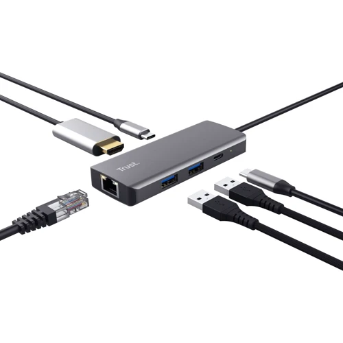 Адаптер Trust Adapter Dalyx USB-С to 2xUSB3.2+2хUSB-С+HDMI+RJ45 Black (24968_TRUST): Цвет серый