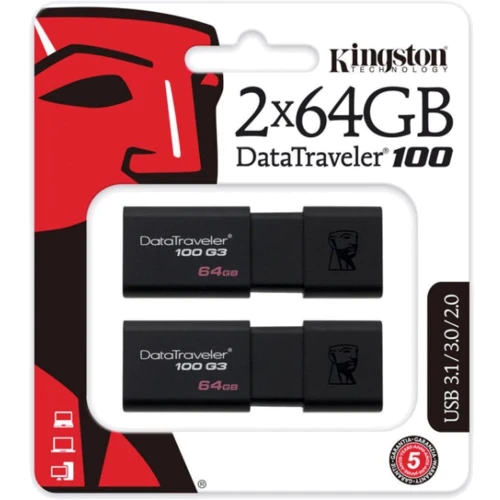 USB-флешка Kingston 2x64GB DataTraveler 100 G3 USB 3.1 Black (DT100G3/64GB-2P) фото 6