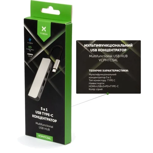 Адаптер Vinga Adapter USB-C to 2xUSB-C + HDMI + 2xUSB Grey (VCPHTC5AL): Додаткові роз'єми USB OTG, HDMI, USB-C