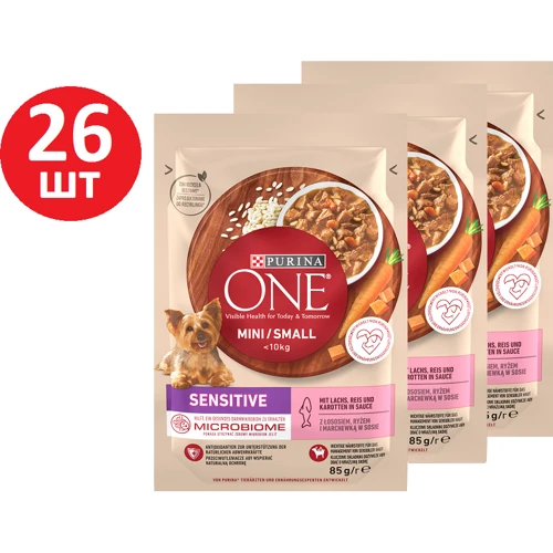 Влажный корм Purina One Mini Sensetive для взрослых собак мелких пород с чувствительным пищеварением с лососем, рисом и морковью 26х85 г (8445290332530)