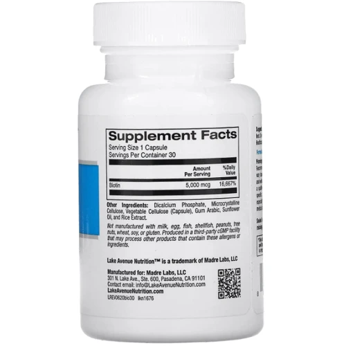 Lake Avenue Nutrition Biotin Біотин 5000 мкг 30 капсул: Тип Витамин B