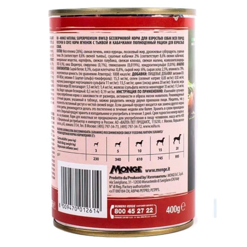 Влажный корм для собак Monge Dog Wet Bwild Grain Free Adult ягненок тыква цукини 400 г (70012614): Порода Все породы