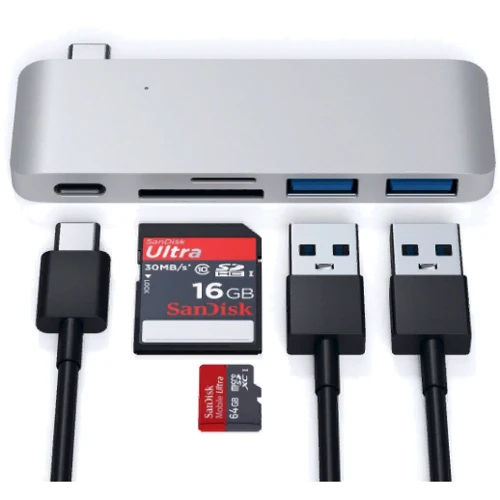 Адаптер Satechi Adapter Passthrough USB-C to USB-C+micro SD+SD+2xUSB3.0 Silver (ST-TCUPS): Додаткові роз'єми USB OTG, SD+TF Card, USB-C