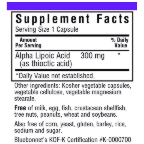Bluebonnet Nutrition Alpha Lipoic Acid, 300 mg, 30 Vegetable Capsules (BLB0853): Вид Ферментные