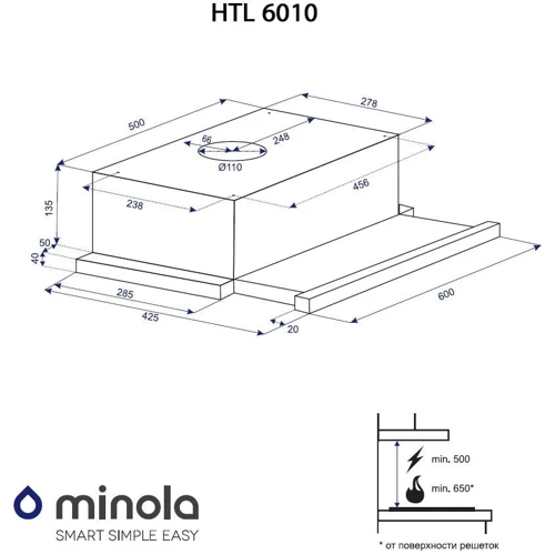 Вытяжка Minola HTL 6010 FULL INOX 430: Рекомендуемая площадь помещения (при высоте 2,7 м), м² 10,5-16,5