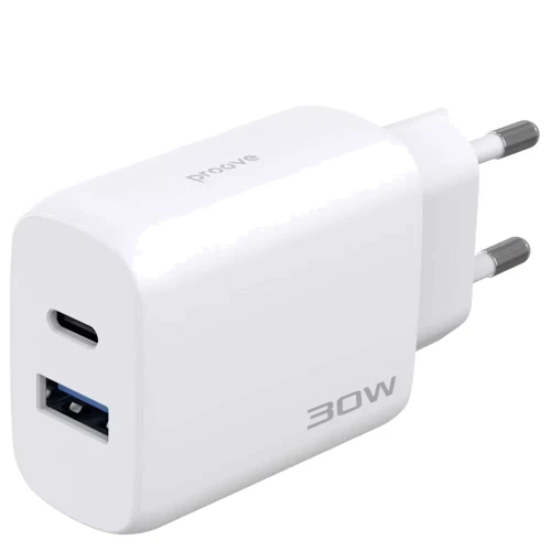 Зарядное устройство Proove Wall Charger USB+USB-C Silicone Power 2 with Cable 30W White (WCSP23011002): Особенности Power Delivery (PD), Быстрая зарядка, USB-C