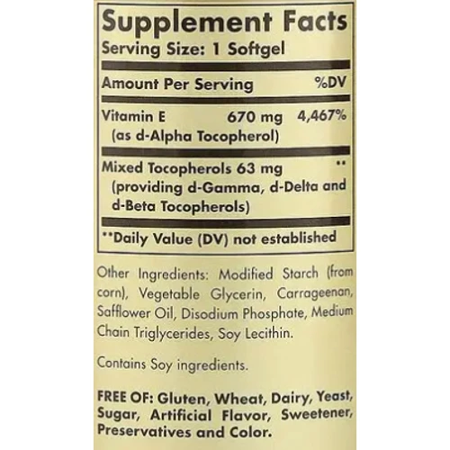 Solgar Vitamin E 670 mg (1000 IU) Солгар Витамин Е 100 вегетарианских мягких таблеток: Тип Витамин E