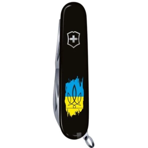 Мультитул Victorinox Huntsman Ukraine 91мм/15 функций/черный /Трезубец фигурный на фоне флага (1.3713.3_T1026u)