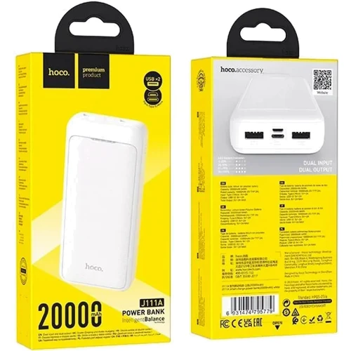 Зовнішній акумулятор Hoco Power Bank 20000mAh J111A Smart Charge White: Ємність батареї, мАг 20000