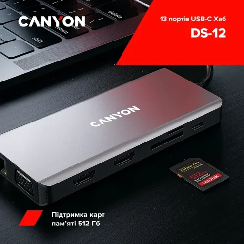 Адаптер Canyon Adapter DS-12 USB-C to 4xUSB+USB-C+2xHDMI+VGA+RJ45+SD+microSD+PD+3.5mm (CNS-TDS12) фото 10
