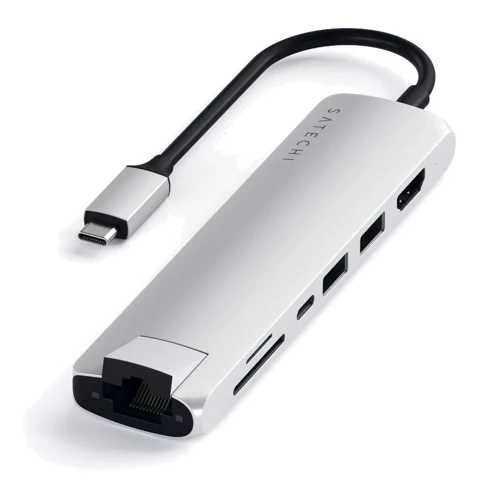 Адаптер Satechi Adapter USB-C to 2xUSB3.0+HDMI+USB-C+RJ45+SD Silver (ST-UCSMA3S): Колір сріблястий