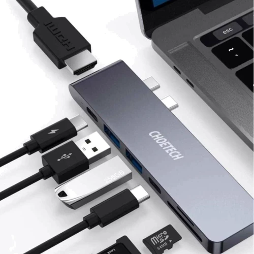 Адаптер Choetech Adapter 7-in-1 Dual USB-C to 2xUSB-C+2xUSB+HDMI+SD Gray (HUB-M14): Інтерфейс підключення USB 3.0, USB-C