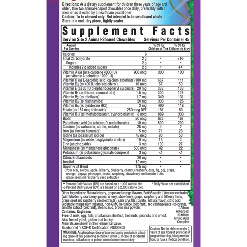 Bluebonnet Nutrition Rainforest Animalz, Multiple Complete Daily, Assorted Fruit Flavor, 90 Chewables (BLB0190): Тип Мультивитамины