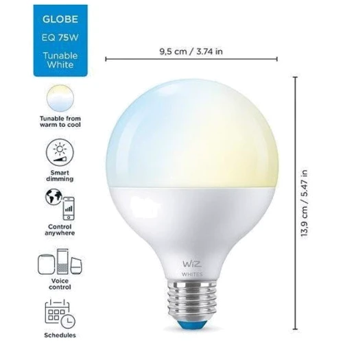 Умная лампочка WiZ, E27, 11W, 75W, 1055Lm, G95, 2700-6500K, Wi-Fi фото 8