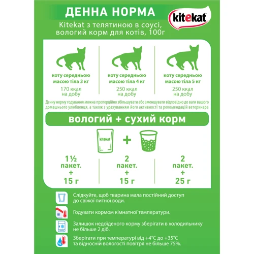 Влажный корм Kitekat Natural Vitality для кошек с телятиной в соусе 24х100г : Вес упаковки 2.4 кг