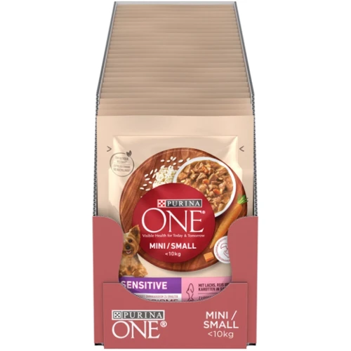 Влажный корм Purina One Mini Sensetive для взрослых собак мелких пород с чувствительным пищеварением с лососем, рисом и морковью 26х85 г (8445290332530): Класс Супер премиум