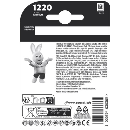 Специальная литиевая батарейка Duracell 1220 3V, (CR1220), 1 шт (5000394030305) фото 1