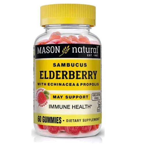 Mason Natural Elderberry With Echinacea & Propolis Бузина с эхинацеей и прополисом, вкус малины 60 жевательных конфет