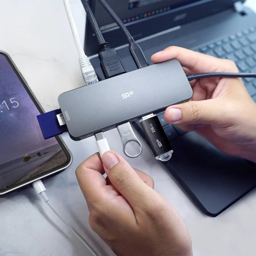 Адаптер Silicon Power Adapter SR30 USB-C to 2xUSB3.2+USB-C+HDMI+RJ45+PD 100W Aluminum Silver (SPU3C08DOCSR300G): Цвет серый
