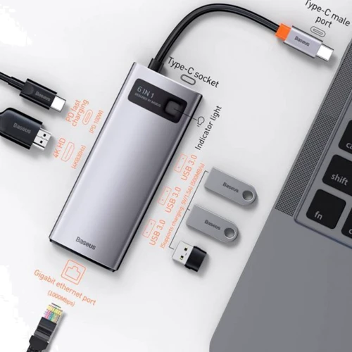 Адаптер Baseus Adapter USB-C to 3xUSB3.0+HDMI+RJ45+USB-C Gray (CAHUB-CW0G): Додаткові роз'єми USB-C, Ethernet, HDMI, USB OTG